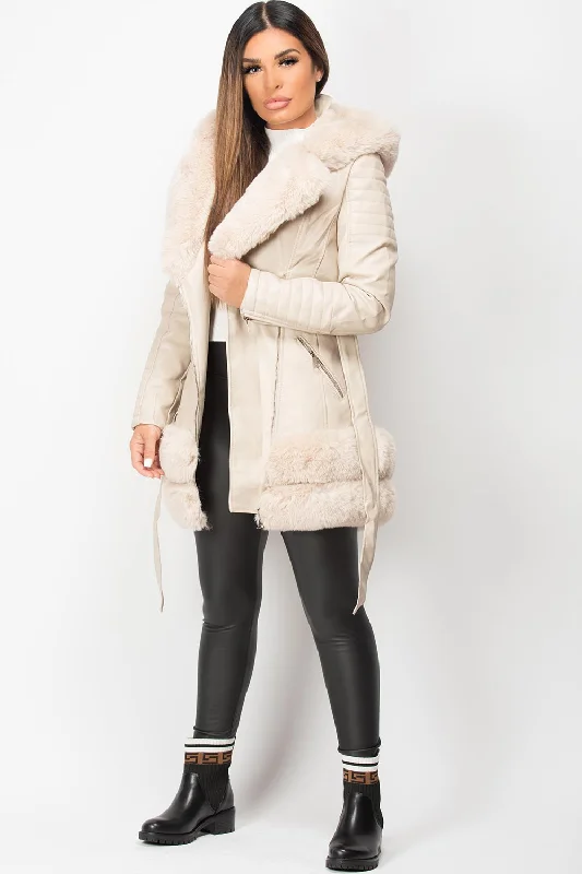 Cream Faux Fur Faux Leather Hooded Belted Jacket