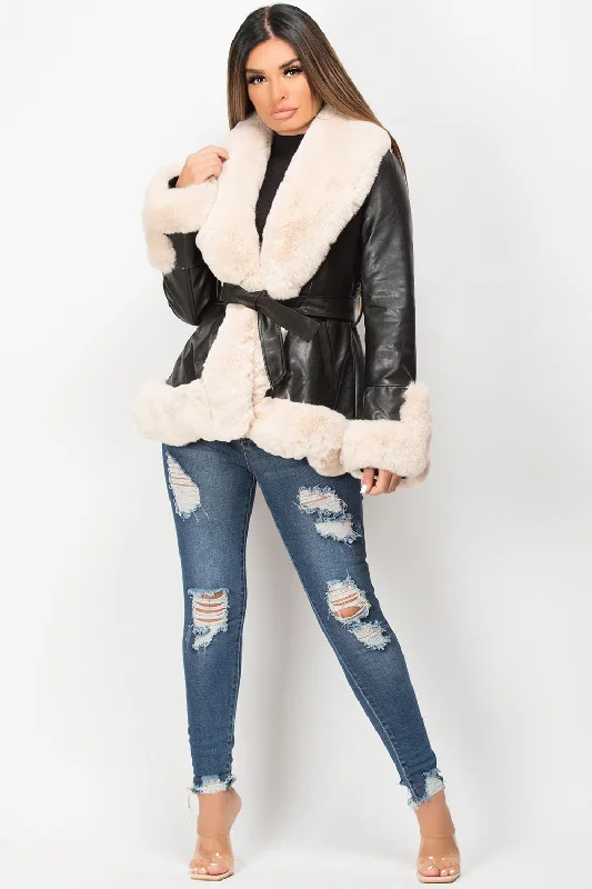 Faux Leather Belted Jacket With Cream Faux Fur