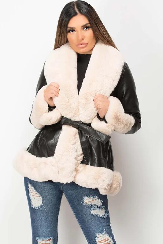 Faux Leather Belted Jacket With Cream Faux Fur