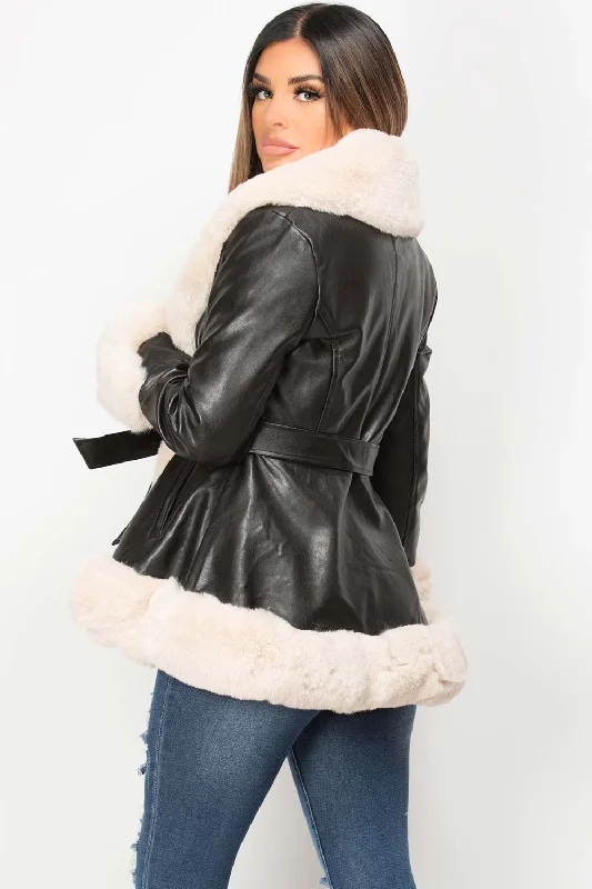 Faux Leather Belted Jacket With Cream Faux Fur