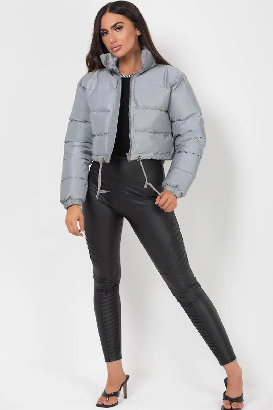 Crop Puffer Jacket Grey Reflective