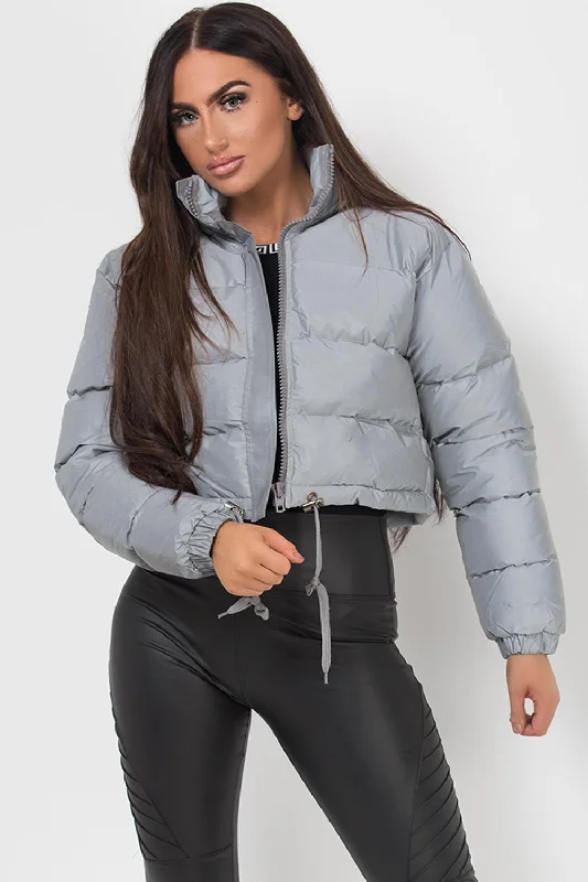 Crop Puffer Jacket Grey Reflective