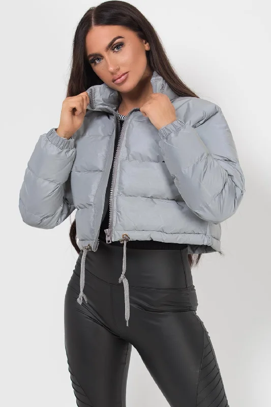 Crop Puffer Jacket Grey Reflective