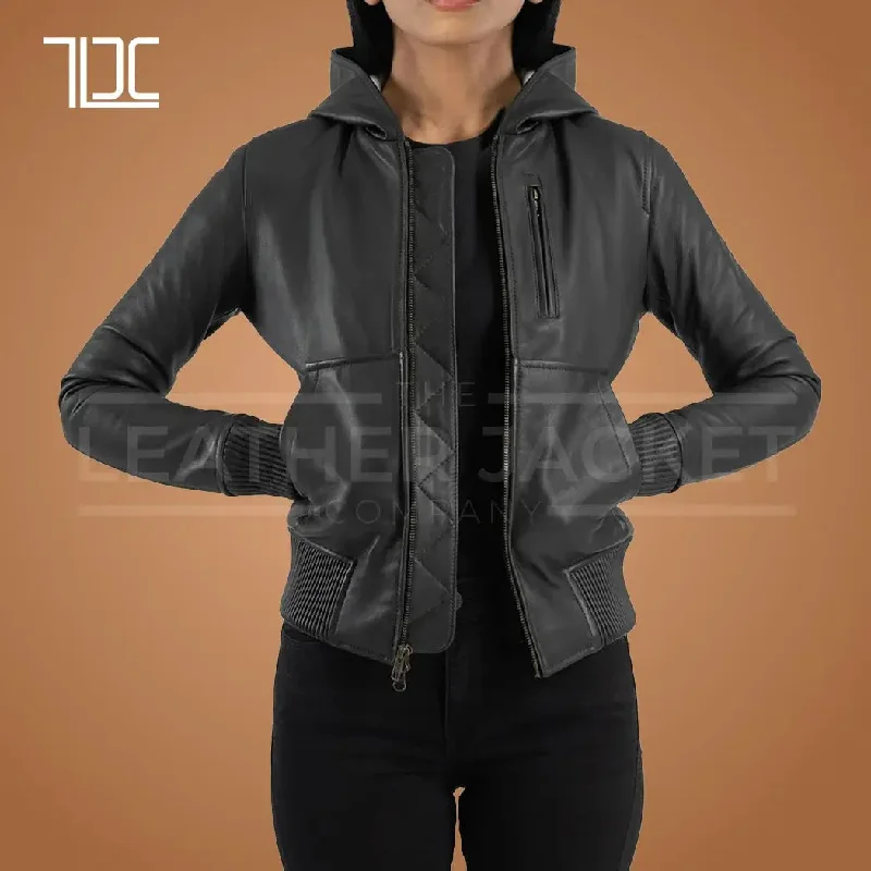 Emberlyn Hooded Leather Bomber Jacket Womens