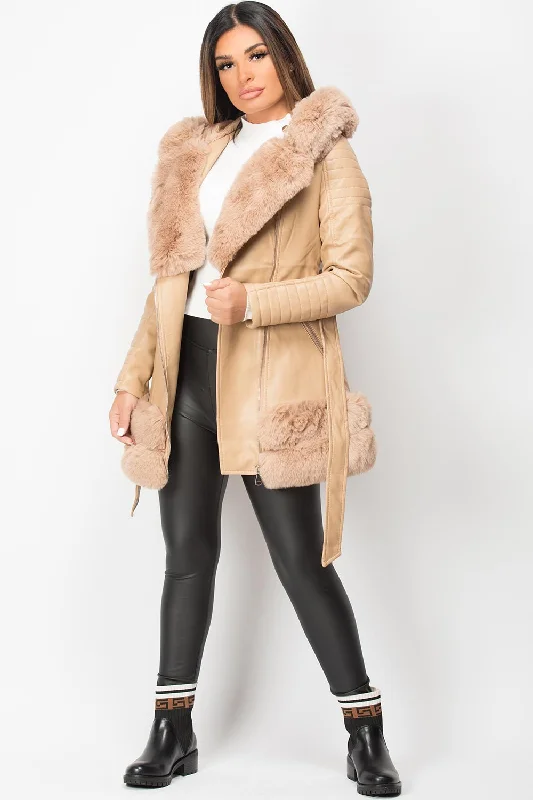 Faux Fur Faux Leather Hooded Belted Jacket Beige