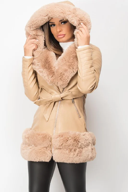 Faux Fur Faux Leather Hooded Belted Jacket Beige