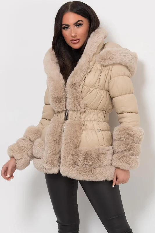 Faux Fur Trim Puffer Hooded Down Jacket With Belt Beige