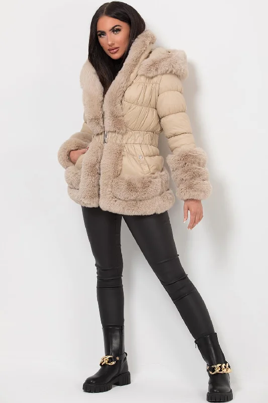 Faux Fur Trim Puffer Hooded Down Jacket With Belt Beige