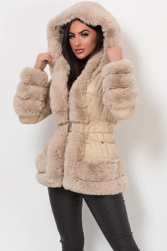 Faux Fur Trim Puffer Hooded Down Jacket With Belt Beige