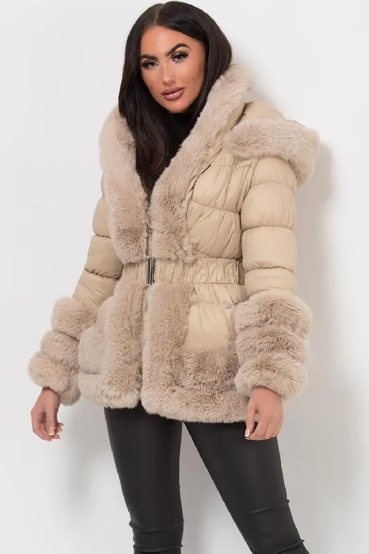 Faux Fur Trim Puffer Hooded Down Jacket With Belt Beige