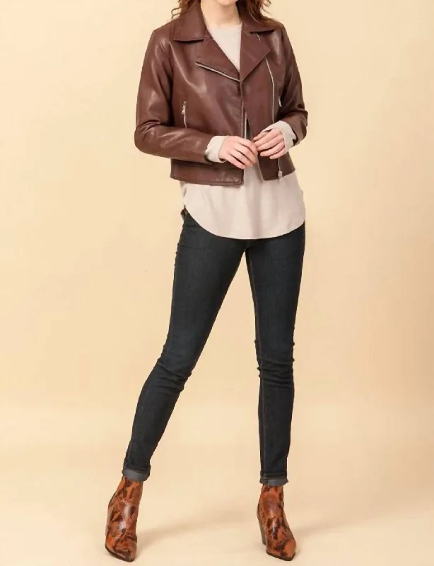 Faux Leather Biker Jacket In Chocolate