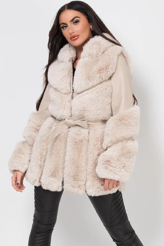 Faux Leather Faux Fur Panel Hooded Jacket With Belt Cream