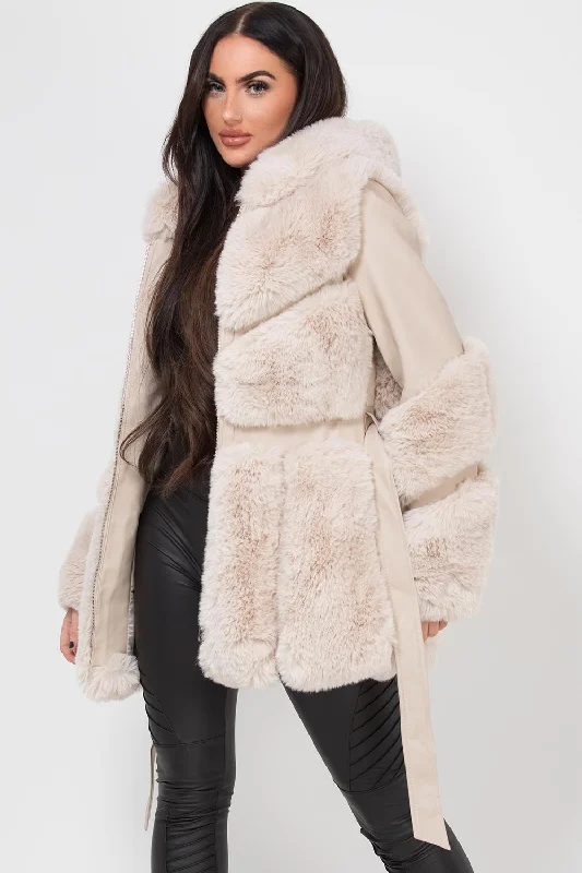 Faux Leather Faux Fur Panel Hooded Jacket With Belt Cream