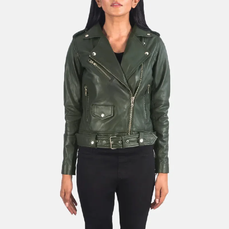 Green Biker Jacket Women - Sheepskin Leather