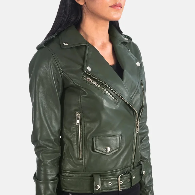 Green Biker Jacket Women - Sheepskin Leather