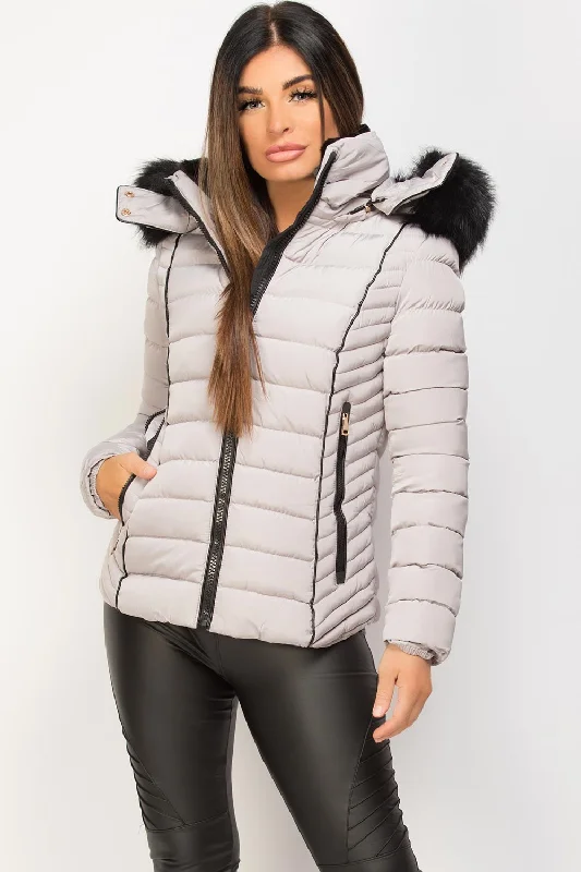 Grey Puffer Jacket With Faux fur Hood And Quilted Detail