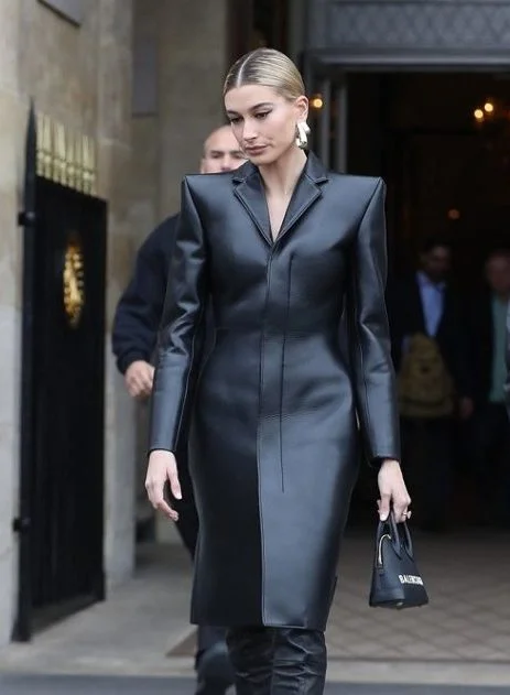 Hailey Baldwin Paris Fashion Week Black Coat