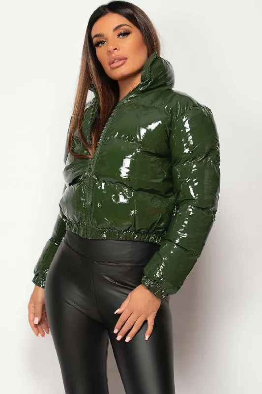 High Shine Vinyl Puffer Jacket Cropped Khaki