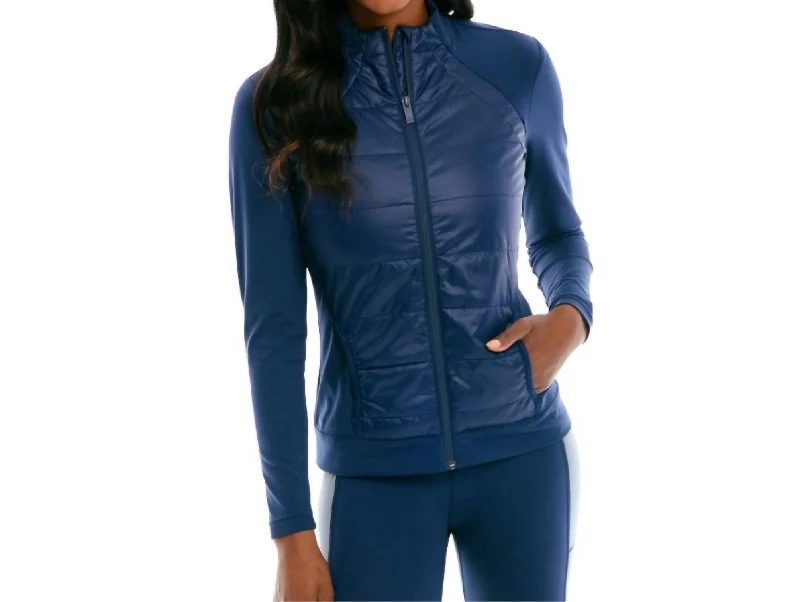 Josette Mixed Media Full Zip Athletic Jacket In True Navy