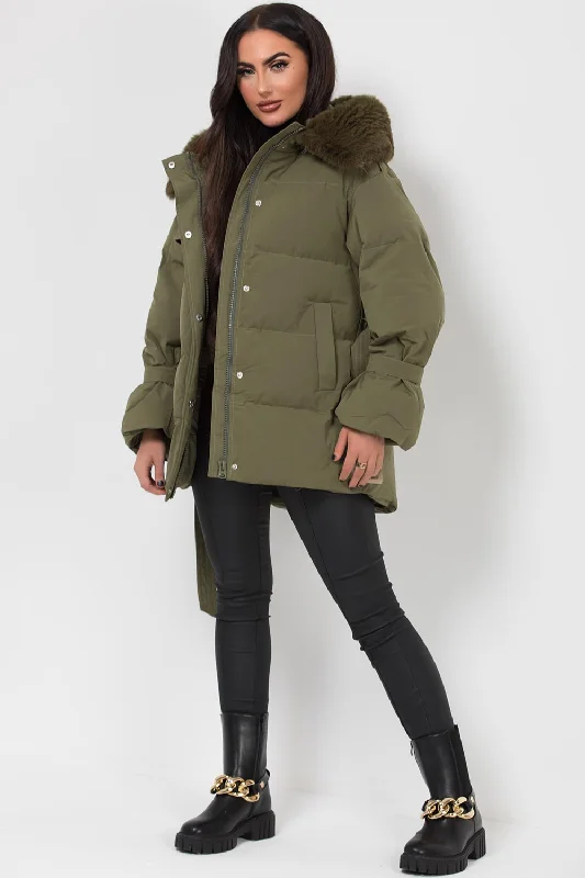 Khaki Puffer Padded Coat With Faux Fur Hood