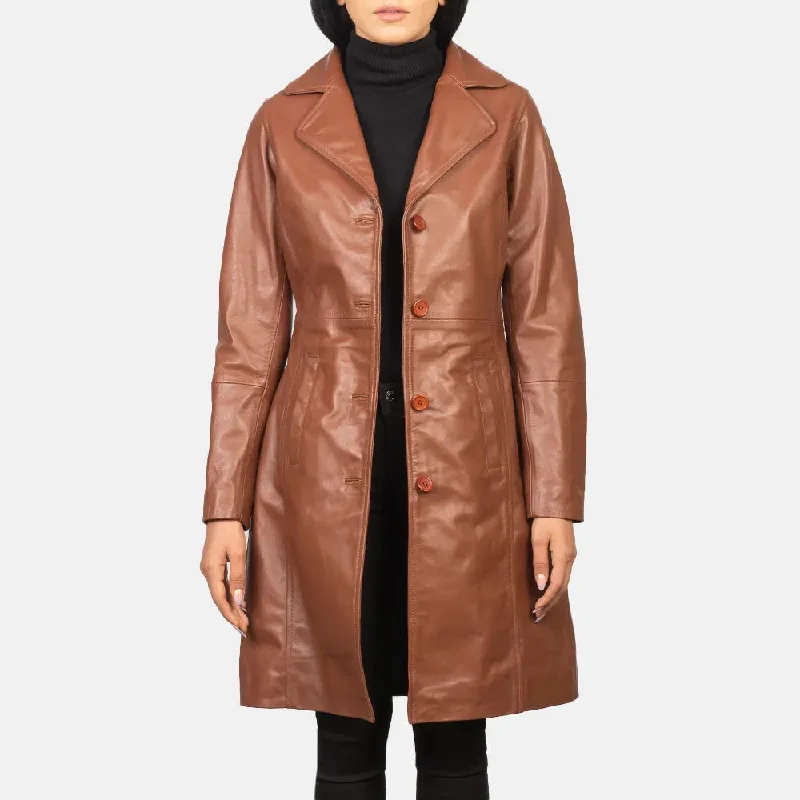 Brown Single Breasted Leather Trench Coat Women's