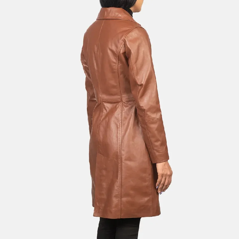 Brown Single Breasted Leather Trench Coat Women's