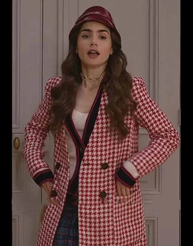 Lily Collins Emily in Paris Hounds Tooth Coat