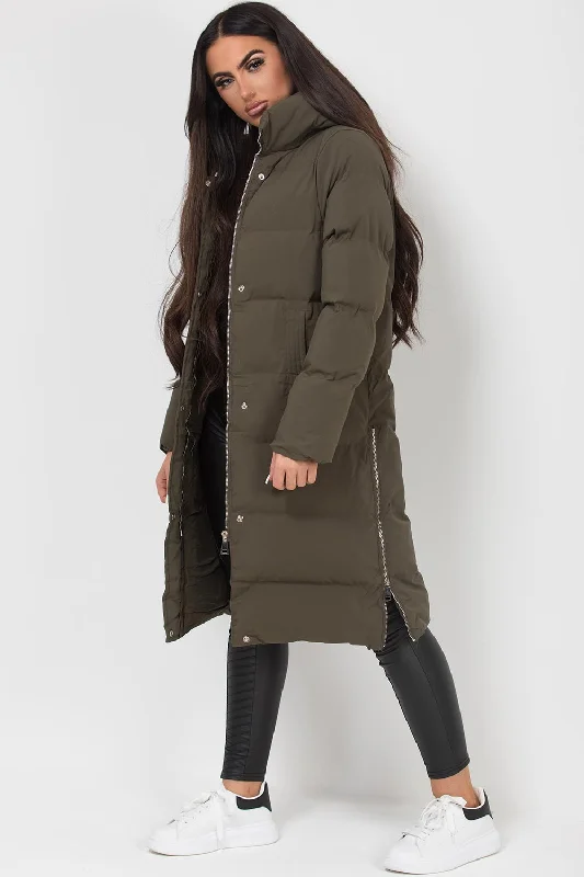 Long Puffer Coat With Side Zip Khaki