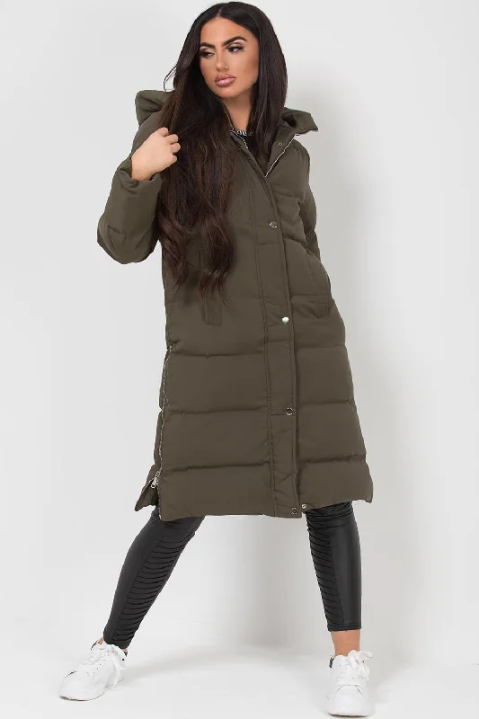 Long Puffer Coat With Side Zip Khaki