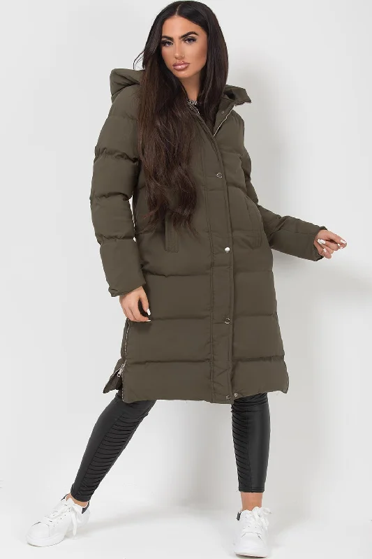 Long Puffer Coat With Side Zip Khaki