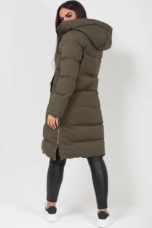 Long Puffer Coat With Side Zip Khaki