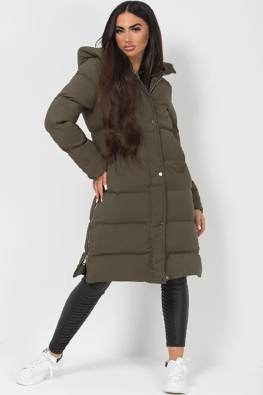 Long Puffer Coat With Side Zip Khaki