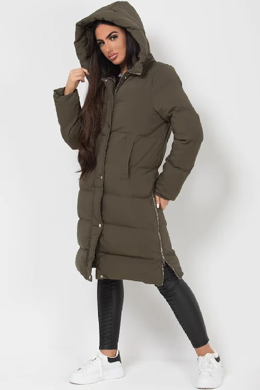 Long Puffer Coat With Side Zip Khaki