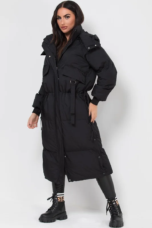 Long Puffer Padded Coat With Utility Pockets Black