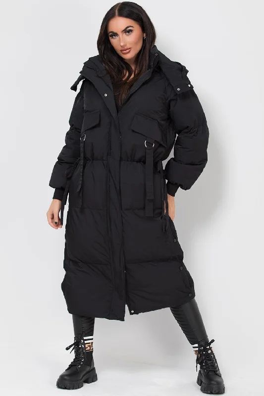 Long Puffer Padded Coat With Utility Pockets Black