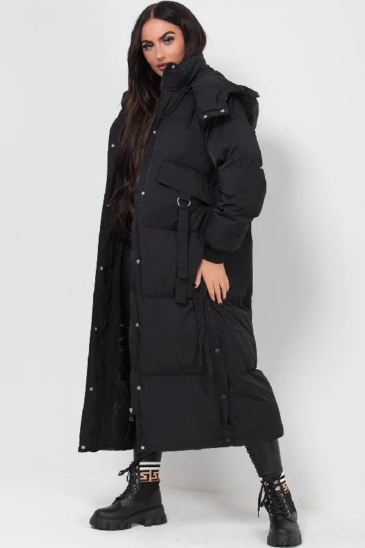 Long Puffer Padded Coat With Utility Pockets Black