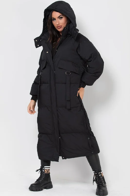 Long Puffer Padded Coat With Utility Pockets Black