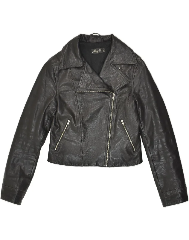 MNG Womens Crop Leather Jacket UK 12 Medium Black Leather