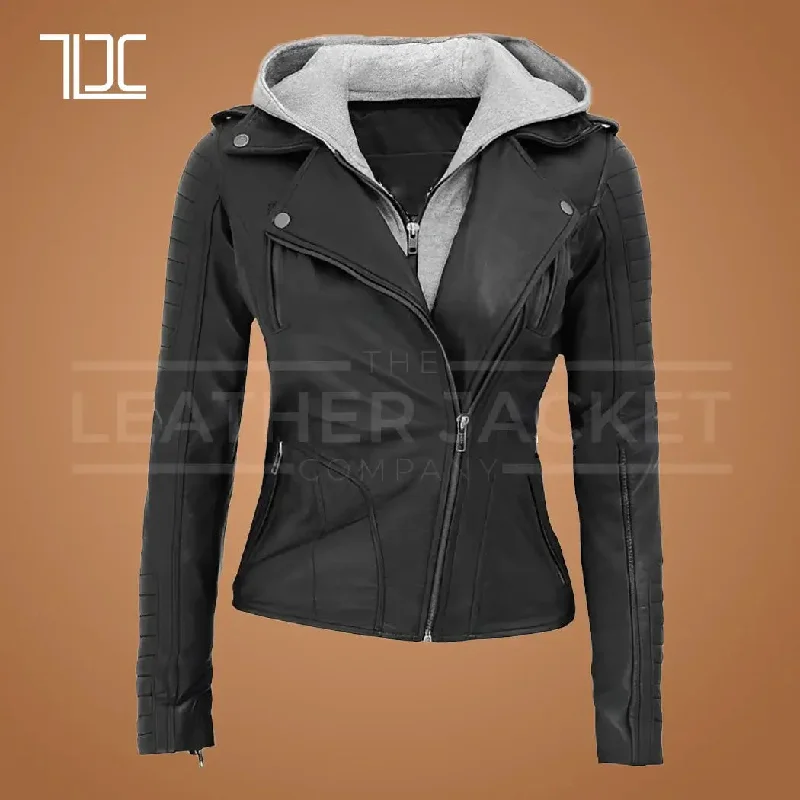 Multi Style Bomber Leather Jacket with Removable Hood