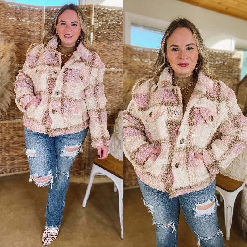 Better in Brooklyn Plaid Button Up Sherpa Jacket in Pink and Ivory