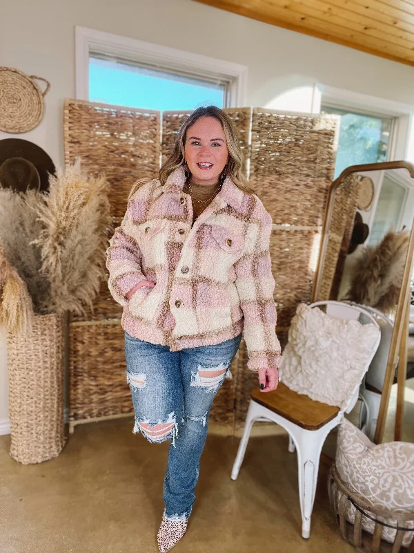 Better in Brooklyn Plaid Button Up Sherpa Jacket in Pink and Ivory