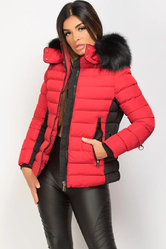 Puffer Jacket With Faux Fur Hood Red