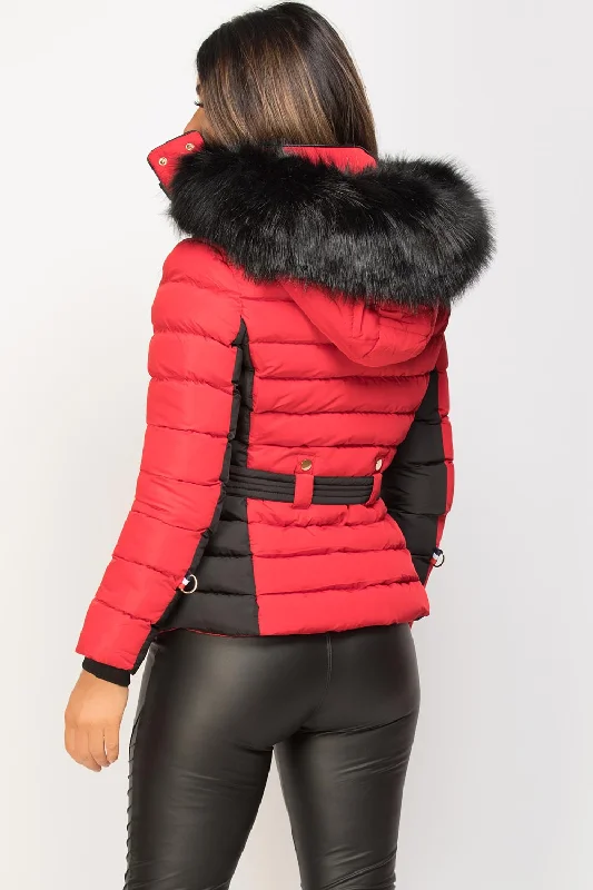 Puffer Jacket With Faux Fur Hood Red