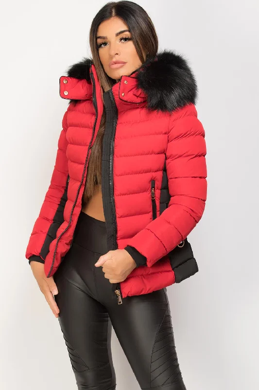 Puffer Jacket With Faux Fur Hood Red