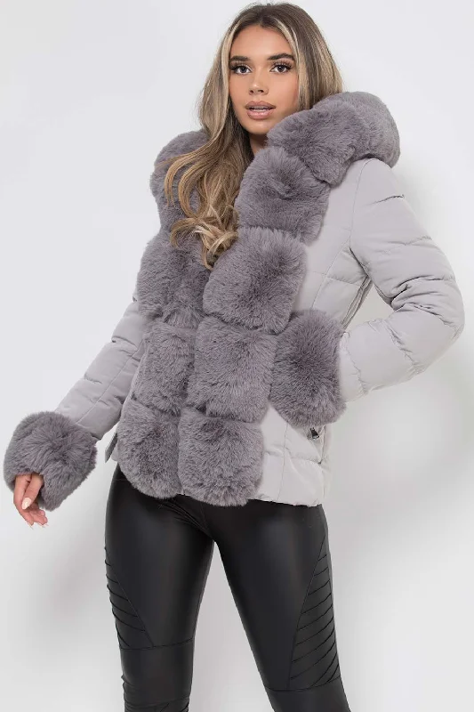 Puffer Jacket With Luxury Faux Fur Hood And Trim Grey