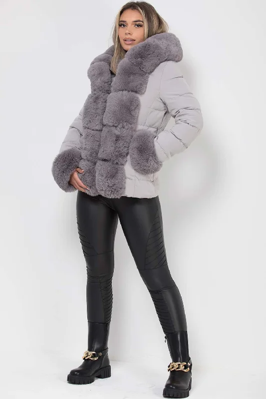 Puffer Jacket With Luxury Faux Fur Hood And Trim Grey