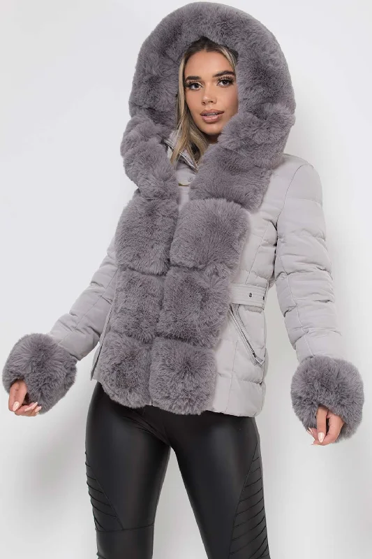 Puffer Jacket With Luxury Faux Fur Hood And Trim Grey