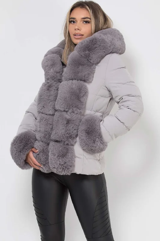 Puffer Jacket With Luxury Faux Fur Hood And Trim Grey