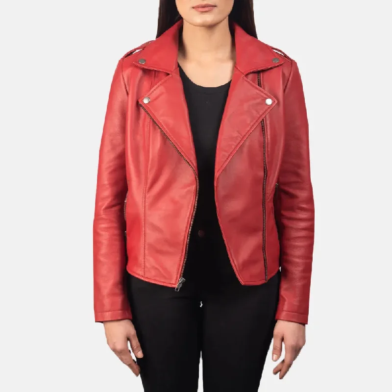 Red Biker Jacket Women's - Sheepskin Leather