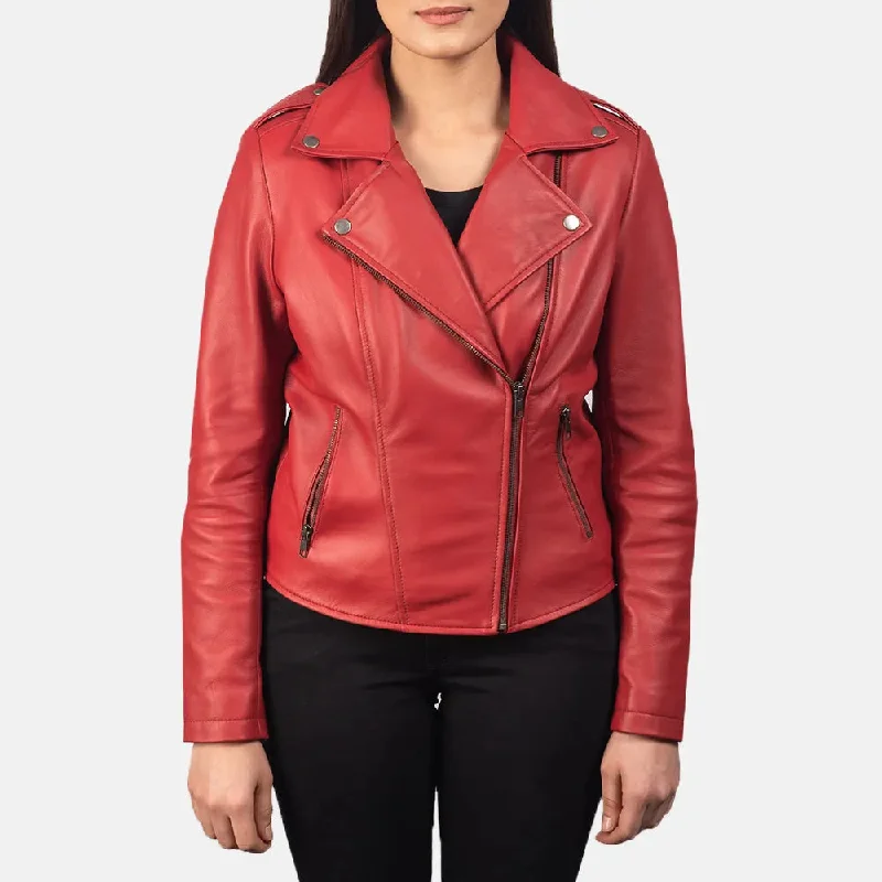 Red Biker Jacket Women's - Sheepskin Leather